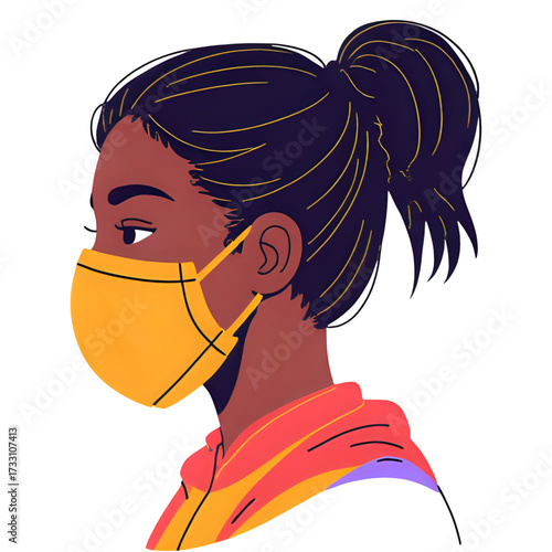 Illustration of a woman wearing a yellow protective mask