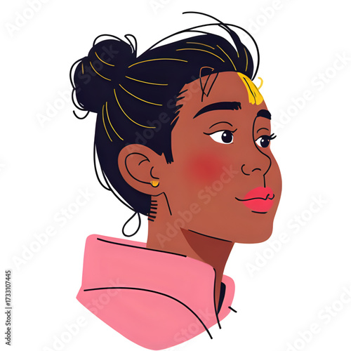 Illustration of a woman with dark hair and pink sweater