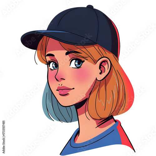 Illustration of a girl with a cap and short blonde hair
