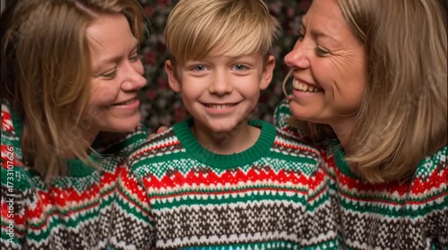 A close up of a smiling boy with two women wearing matching christmas sweaters in a family portrait