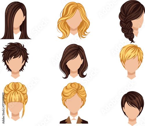 Stylized hairstyle illustration, diverse hair design collection, modern haircut icons, fashion hairstyle set, beauty salon concept, trendy hair vector art