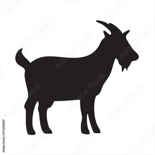 Detailed black silhouette of a domestic goat in a side profile view. This vector graphic captures the essence of farm animals and rural settings