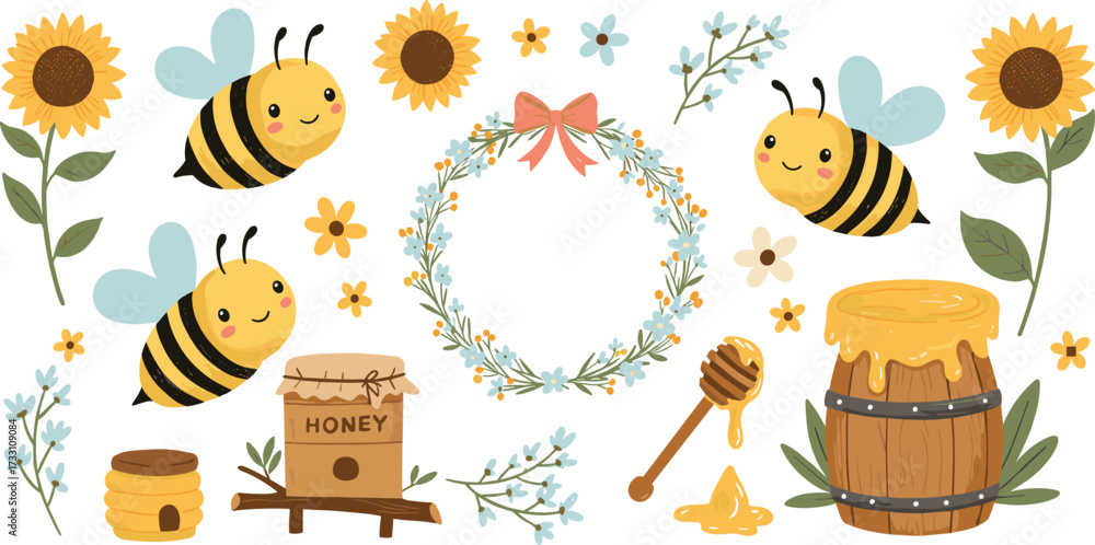 Fototapeta premium Whimsical bee illustration, honey barrel, floral wreath, sunflowers, honey dipper, beehive, cartoon bees, colorful flowers, nature design, sweet honey art