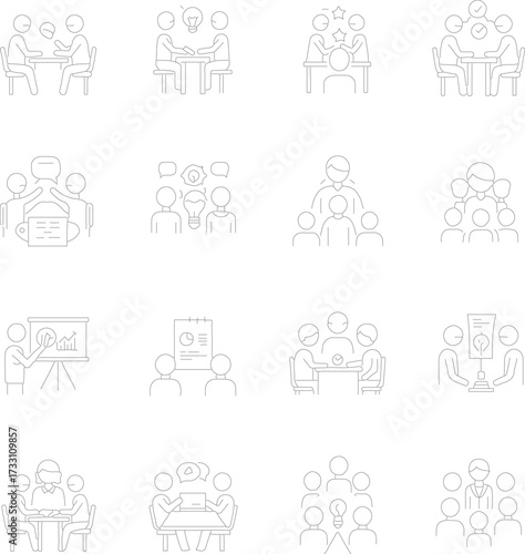 Business meeting and collaboration line art icons set Keywords: meeting, collaboration, teamwork