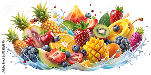 Exotic fruit explosion with refreshing water splashes healthy eating and vibrant colors for summer enjoyment and wellness campaigns