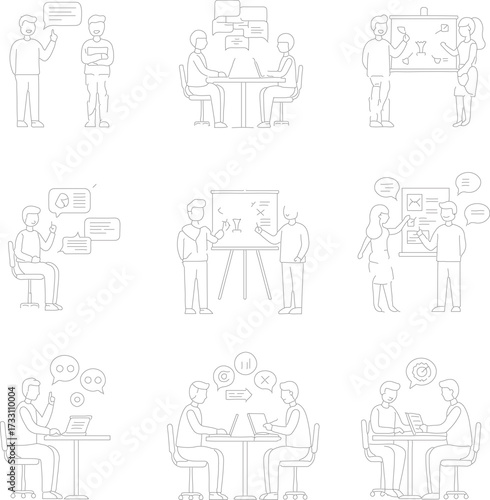 Business meeting and discussion line art icons set Keywords: meeting, discussion, communication