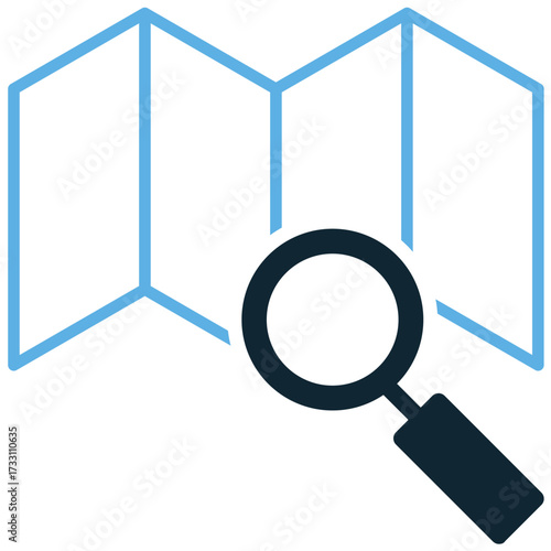 Search map icon vector. Combines a magnifying glass and a map pin. Perfect for location lookup, finding places, and discovery features.