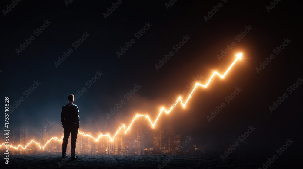 Fototapeta premium Man observing glowing upward financial graph suit dark
