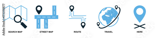Set of location and navigation vector icons. Essential graphics for GPS, travel, and mapping applications. This collection is ideal for user interface, providing clear symbols for finding places