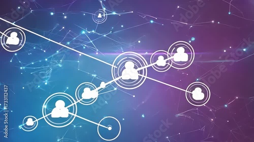 Central user icon node initiating connection, Abstract connection network with user icons, sharing information digitally on a colorful background