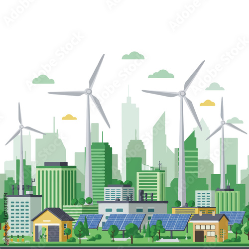 Illustration of a sustainable city with wind turbines, solar panels, and green buildings.