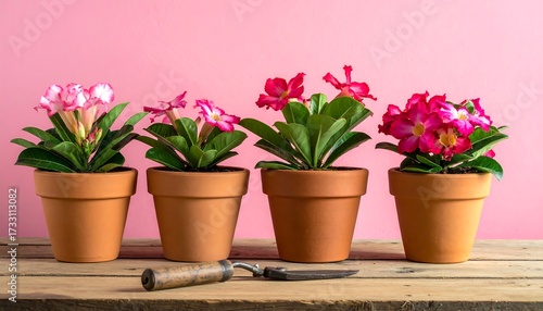 Four potted pink flowers on a wooden surface