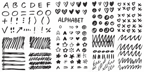 Collection of hand drawn black and white alphabet letters numbers symbols and shapes on white background