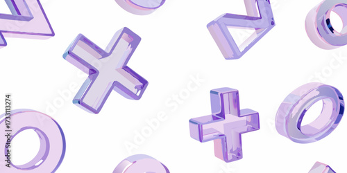 Abstract seamless pattern of translucent purple geometric shapes and symbols on a white background