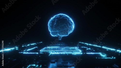 Dynamic glowing blue brain with neural network connections in abstract space. Giant holographic digital brain hovering over futuristic space