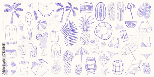 Collection of hand drawn summer vacation icons and elements in purple ink on a white background