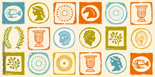 Collection of vintage inspired ancient greek roman symbols and motifs in colorful stamp style