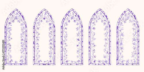 Five gothic arch frames decorated with delicate purple floral vines and blossoms on a cream background
