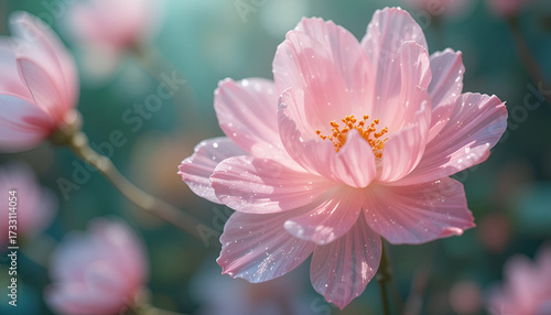 Delicate Pink Flower with Water Droplets in Soft Sunlight