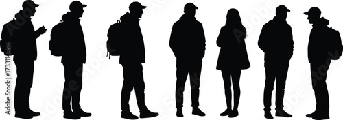 Silhouette of men and women wearing backpacks, standing together, casual fashion, outdoor lifestyle, student group, modern travel concept illustrationSilhouette of men and women wearing 