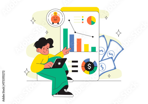 Personal Finance Management Apps Illustration Featuring Financial Planning App for Earnings,Expenses Control, Budget Planning, and Cost Optimization