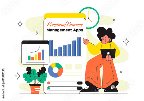 Personal Finance Management Apps Illustration Featuring Financial Planning App for Earnings,Expenses Control, Budget Planning, and Cost Optimization