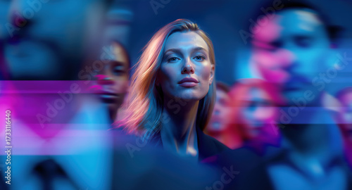 Confident businesswoman in focus as crowd blurs in blue and magenta lighting