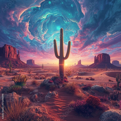 Surreal desert scene with a glowing sky, vibrant cacti, and mesas at sunset. Psychedelic clouds swirl above a dreamy, colorful arid landscape.
