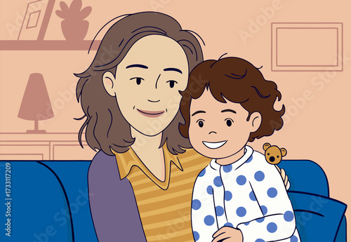 Warm Animated Illustration of Mother and Child Bonding on Couch