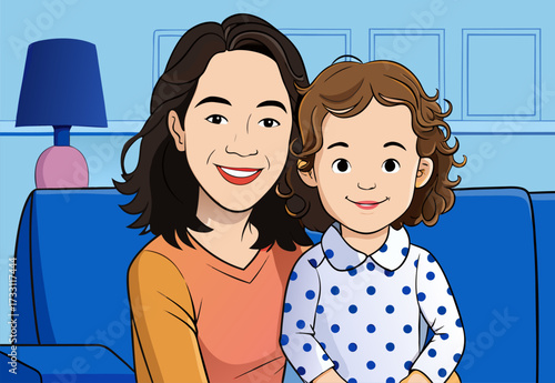Warm Animated Illustration of Mother and Daughter Smiling on a Blue Couch