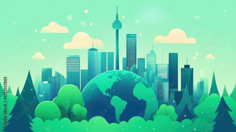 Fototapeta premium Eco friendly city skyline with globe in vibrant green cartoon illustration