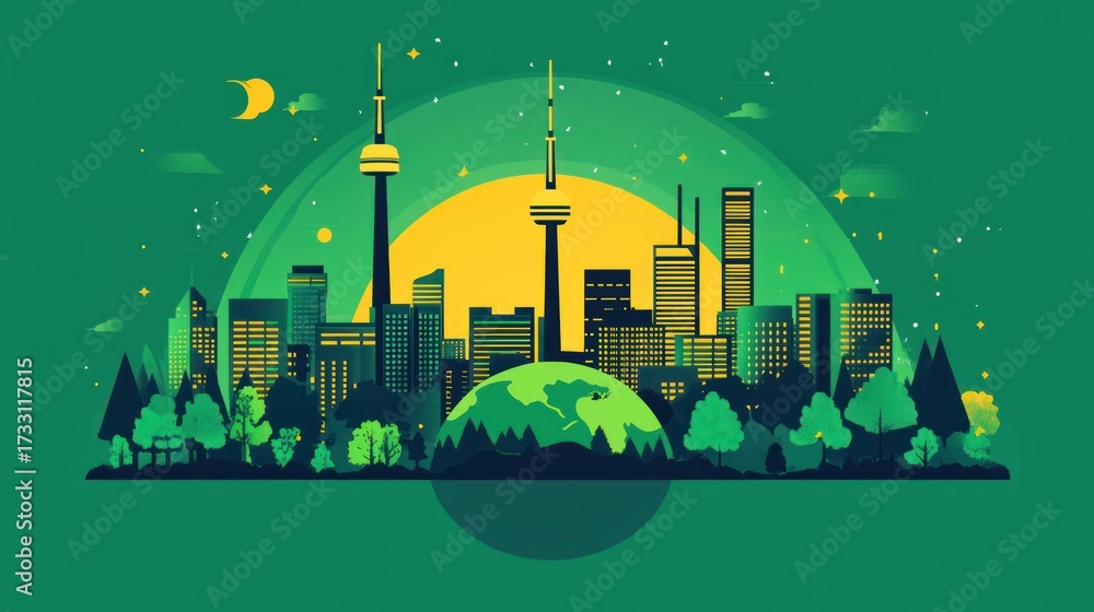 Fototapeta premium Stylized urban landscape with towers and environment elements against a sunset