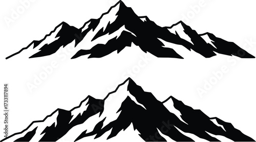 Black mountain silhouette vector illustration, snowy rocky peaks design, natural alpine landscape background, outdoor adventure scene, wilderness hiking travel concept graphic