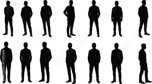 Silhouette of multiple men standing, business casual male poses, professional figure collection, modern fashion design, teamwork concept, illustration graphic resource