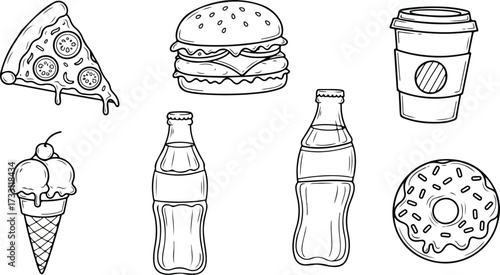 Set of Monochrome Fast Food and Drink Doodle Illustrations.