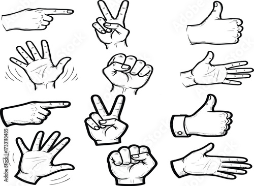 Set of Human Hand Signs and Gestures Sketch Illustrations.