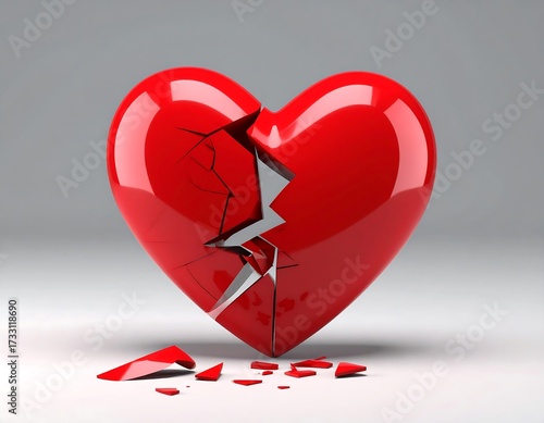A glossy red heart, cracked in two, sits on a plain background