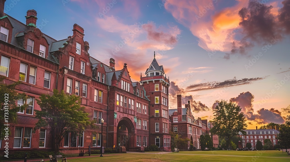 Naklejka premium Classic Red Brick University Building Bathed in Warm Sunset Glow—Showcasing Timeless Architectural Details and Golden-Hued Skies, Capturing a Nostalgic, Academic Ambiance Ideal for Campus or Landscape