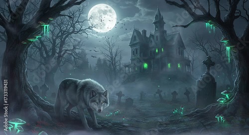 Wolf standing on misty landscape near mansion under bright full moon night. Wildlife and fantasy concept
Seamless looping, virtual video animation background. Generated AI	