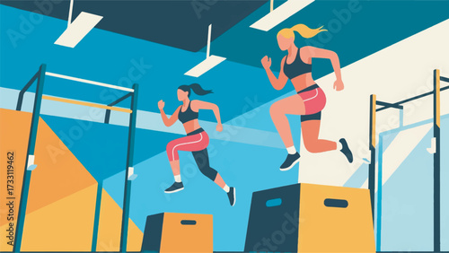 Illustration Of An Athletic Woman In Sportswear Jumping On A Crossfit Box At A Fitness Center Vector Design Template