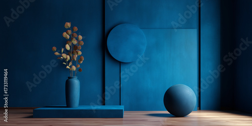 Stylish blue interior featuring a vase and decorative shapes.