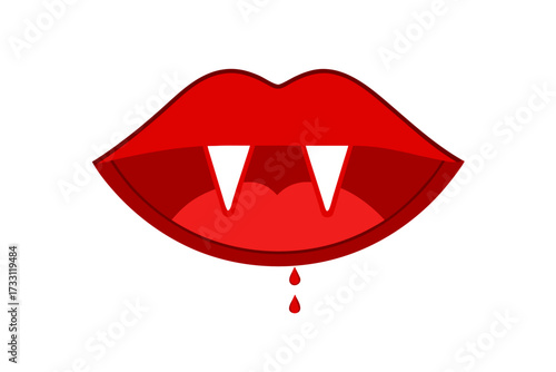 Striking Red Vampire Lips with Fangs and Blood Drops for Halloween Design Projects
