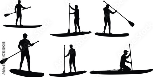 Silhouette of people paddleboarding with paddles on stand up boards, water sport activity, summer recreation, outdoor adventure lifestyle vector illustration