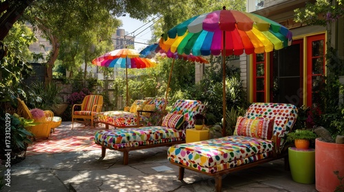 Maximalist Relaxing outdoor patio with colorful umbrellas and lounge chairs. The patio has a welcoming and vibrant atmosphere with a bright day light 