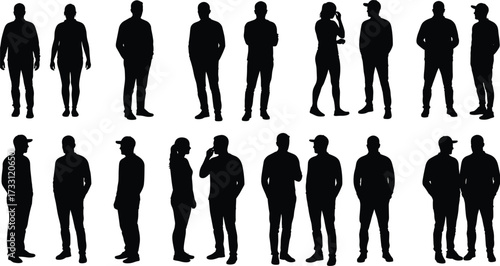 Silhouette of people standing together in various poses, casual men and women communication, teamwork, lifestyle, unity, friendship, social interaction, group