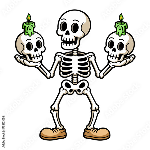 Friendly skeleton juggler, balancing two skulls with green candles, sturdy shoes, playful Halloween mascot, clean vector illustration