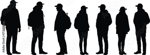 Silhouette of people with backpack, casual wear, cap, standing and walking, modern student traveler group, outdoor lifestyle concept, design