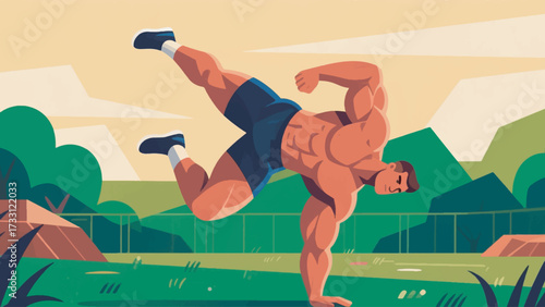 Illustration Of A Bodybuilder Performing A Stunt Vector Design Template