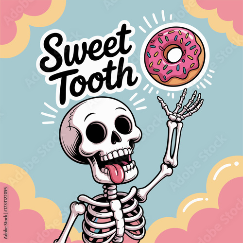 Sweet tooth skeleton character, tossing pink donut, candy sprinkles clouds, dessert lover mascot, quirky humor graphic, vector