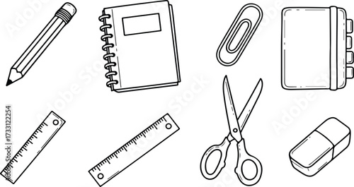 Collection of hand drawn school and office supplies illustration.